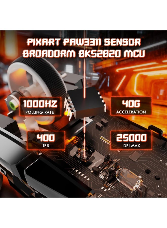 هجوم القرش ماوس ألعاب لاسلكي وسلكي بتقنية بلوتوث V6 مع قاعدة شحن مغناطيسية، معدل استجابة 1K، مستشعر PixArt PAW3311، دقة 25000 نقطة في البوصة، وزن خفيف للغاية 65 غرام - Image 3